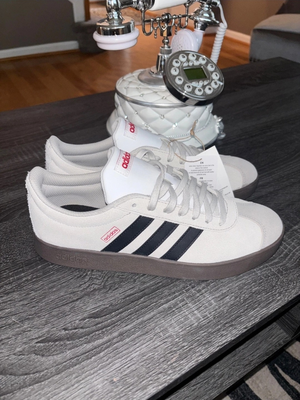 adidas Men’s Off-White Sneakers with Black Stripes and Brown Sole